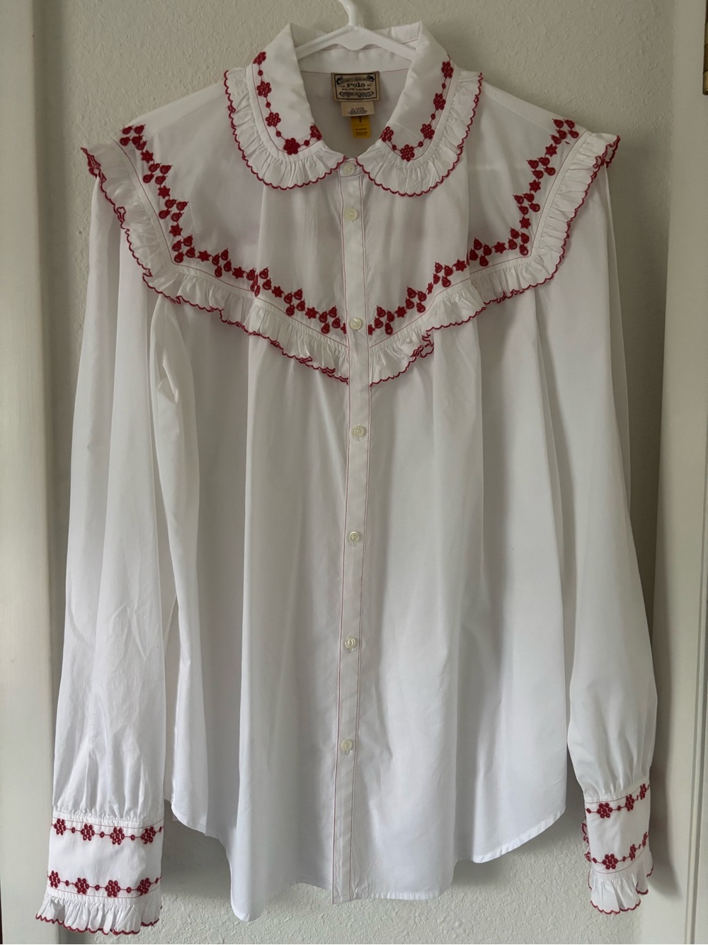 RARE Polo by Ralph Lauren White Button-Down Blouse with Reddish Embroidered Trim